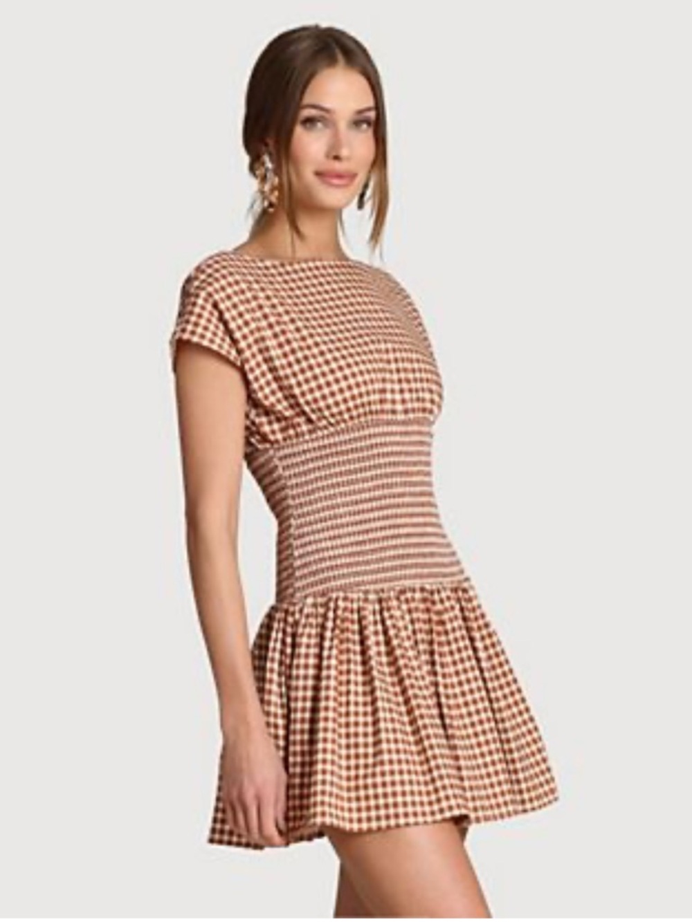 Avec Les Filles Brown Gingham Smocked Mini Dress - Boat Neck Size S